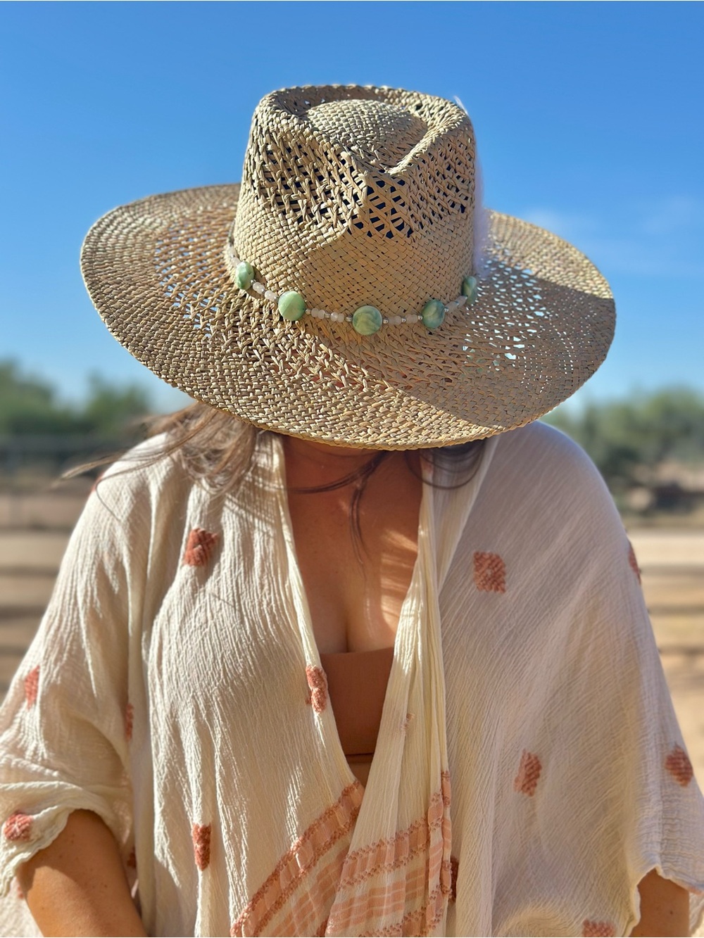 Green Angelite Gemstone Straw Cowboy Hat and Removable Feather Hat Pin